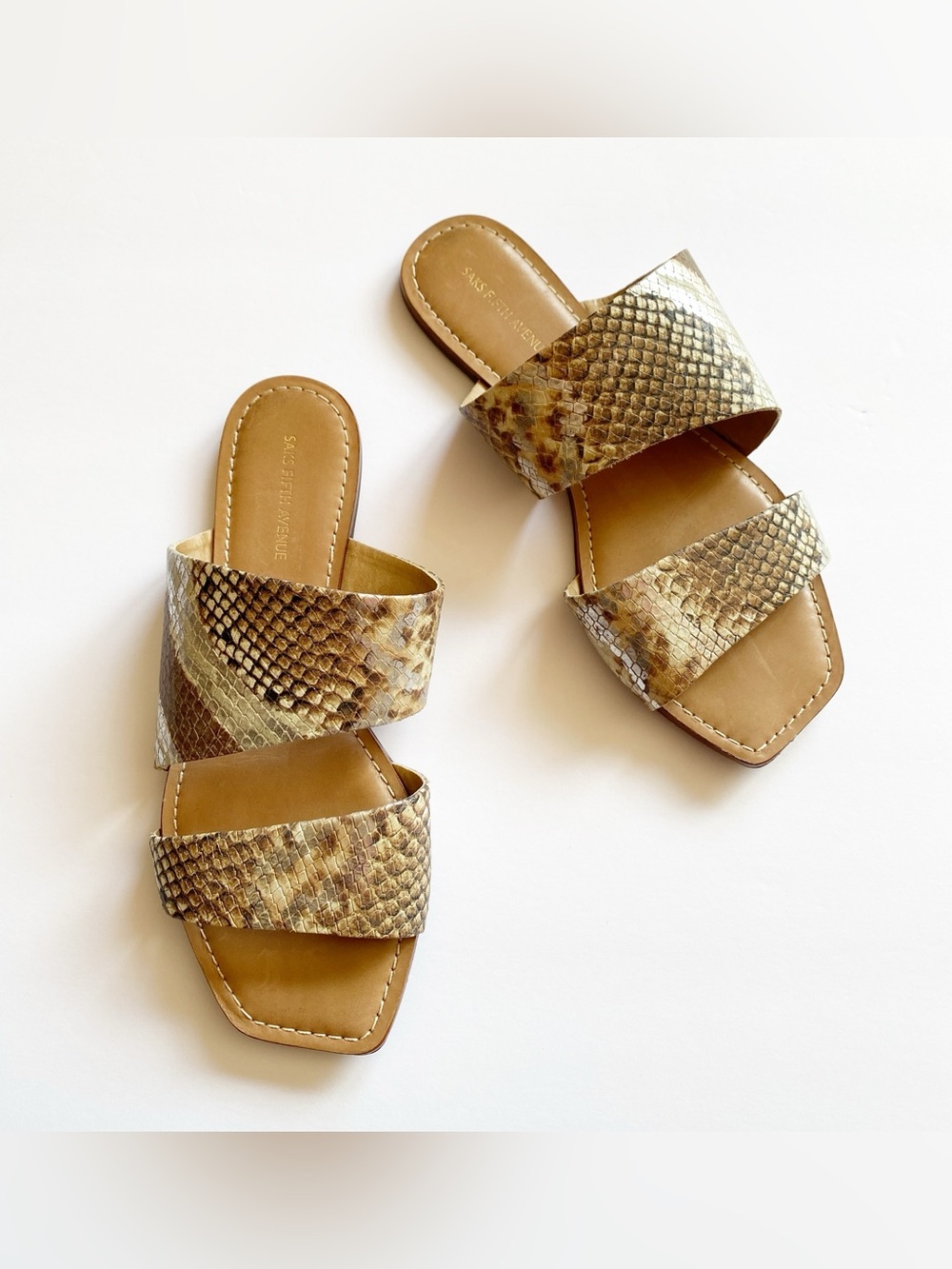 Saks Fifth Avenue Slides Sandals Women's Size 7M Snakeskin Silver Brown Leather